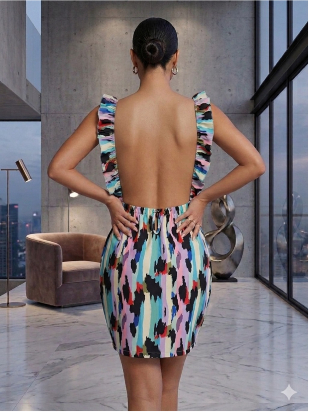 Karlie Ruffle Open Back Abstract Print Mini Dress with Pockets - Size M - Picture 3 of 14